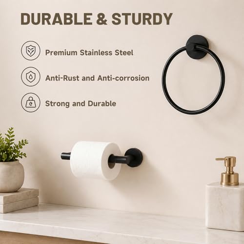 Toilet Paper Holder and Hand Towel Ring Bathroom Set | Matte Black,Stainless Steel,Wall Mount,Bathroom Accessories,Hand Towel Ring and Toilet Paper Holder Set,Easy to install - color: Matte Black
