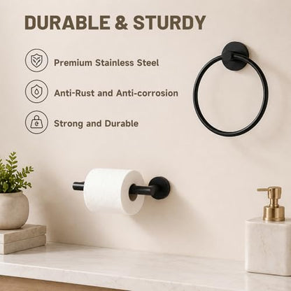 Toilet Paper Holder and Hand Towel Ring Bathroom Set | Matte Black,Stainless Steel,Wall Mount,Bathroom Accessories,Hand Towel Ring and Toilet Paper Holder Set,Easy to install - color: Matte Black