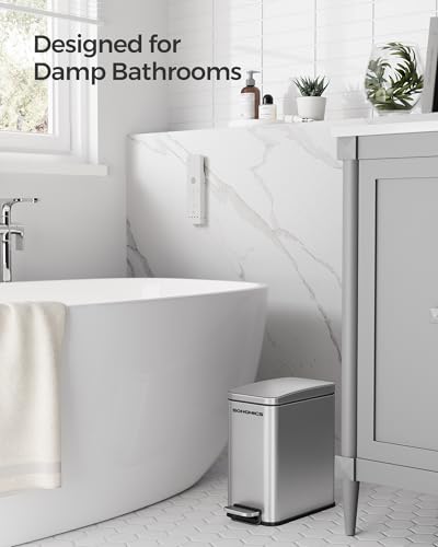 SONGMICS Bathroom Trash Can and Toilet Brush Set, 1.3 Gallon Small Trash Bin with Lid, Slim for Small Spaces, Stainless Steel Garbage Can, Soft Close, Silver ULTB560E0501 - color: Silver, style: 1.3 Gal. with Toilet Brush Set