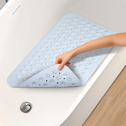 WarmSnow Non Slip Shower Mats for Inside Shower 15 x 27.5 Inch, TPE Bathtub Mat Non-Slip, Bath Mat for Tub with Suction Cups, Drain Holes Bath Tub Mat for Bathroom, Light Gray - color: Light Gray, size: 27.5" x 15" (Rectangular)
