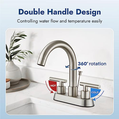 Bathroom Faucet with Lift Rod Drain,4 Inch Centerset 3 Hole,Brushed Nickel | Two Handle Lead-Free SUS304 Stainless Steel Bathroom Sink Faucet with Lift Rod Drain & Supply Lines for RV & Farmhouse - color: Brushed Nickel