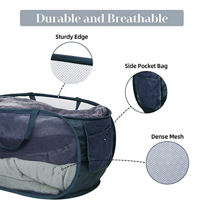 Durable Collapsible Laundry Baskets, Mesh Pop Up Laundry Hamper with Side Pocket, Foldable Clothes Hamper with Reinforced Carry Handles for Laundry, Bathroom, Kids Room, Dorm, Travel 2 Pack Navy Blue - color: 2 x Navy Blue