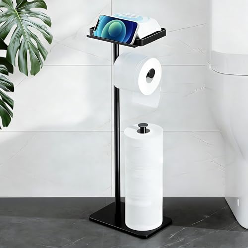 Toilet Paper Holder Stand with Phone Shelf, Rustproof Free Standing Toilet Paper Stand for 4 Rolls, Toilet Roll Dispenser Storages for Phones, Wipe, Wallet and Small Items, Black - color: Black