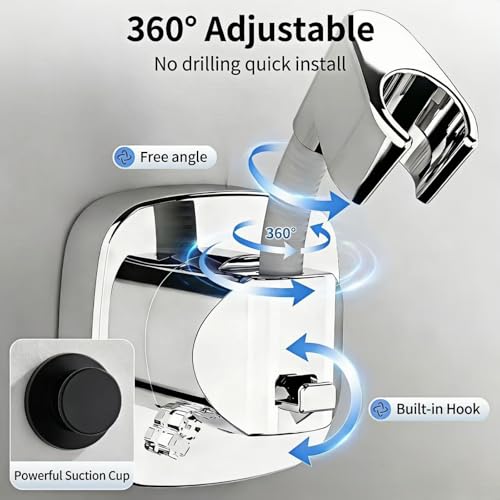 360° Swivel Shower Head Holder with Strong Suction Cup, Adjustable No Drill | Tool-free install in seconds, bathroom wall mount handheld shower bracket, removable, waterproof, 10kg built-in storage hook - color: Gray