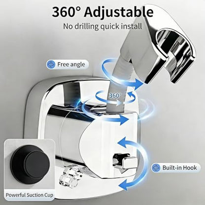360° Swivel Shower Head Holder with Strong Suction Cup, Adjustable No Drill | Tool-free install in seconds, bathroom wall mount handheld shower bracket, removable, waterproof, 10kg built-in storage hook - color: Gray
