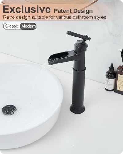 Tall Bathroom Faucet Waterfall, Brass Bathroom Faucets Black Vessel Sink Faucet, Single Handle Bathroom Sink Faucet 1 Hole with Pop-Up Drain & Supply Water Hoses for Hotels Classic No Noise - color: Matte Black - Modern