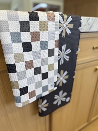 Kitchen Towels, Dish Towels for Kitchen, 2 Pc Kitchen Towel Set | Microfiber Waffle Towels, 16 x 26 inches, with Hanging Loops, Reusable Tea Towels, Cute Kitchen Towels - 2 Pack - color: Multi Checkered Gray Tan