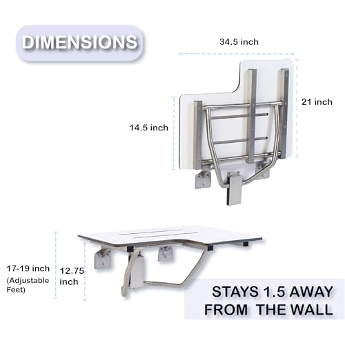 Folding Shower Seat - Wall Mount Bench for Inside Shower / ADA Bathroom Safety Assist / 304 Stainless Steel / Phenolic Resin / Left / 34.5" x 21" - size: 34.5" Left Hand