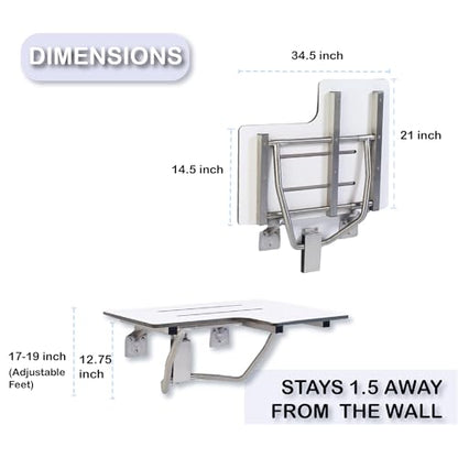 Folding Shower Seat - Wall Mount Bench for Inside Shower / ADA Bathroom Safety Assist / 304 Stainless Steel / Phenolic Resin / Left / 34.5" x 21" - size: 34.5" Left Hand