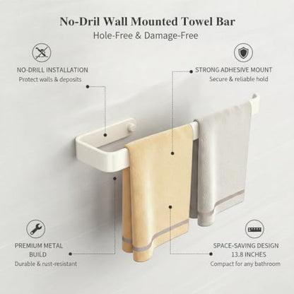 Towel Bar, 13.8-Inch Adhesive Metal Bathroom Rack with No-Drill Mount for Smooth Walls, Hole-Free Installation (1 Piece) - color: White