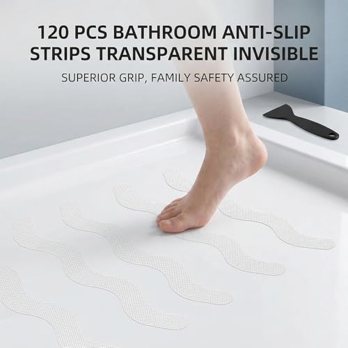 Anti Slip Shower Stickers, 120 Pieces Wavy Shower Floor Non Slip Stickers, Adhesive Decals Safety Strips with Scraper for Bath Tub, Shower Floor and Stairs (Clear) (120 Wavy) - size: 120 Wavy