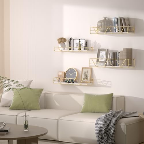 Floating Shelves Set of 4, Wood Wall Shelf, Farmhouse Shelf for Bedroom | Wall Mounted Floating Shelf for Living Room, Bedroom, Bathroom, Kitchen, Office - color: Gold-4pcs