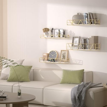 Floating Shelves Set of 4, Wood Wall Shelf, Farmhouse Shelf for Bedroom | Wall Mounted Floating Shelf for Living Room, Bedroom, Bathroom, Kitchen, Office - color: Gold-4pcs