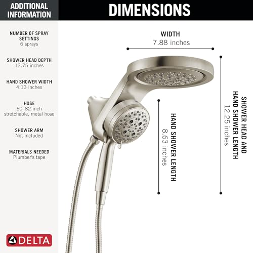 Delta 6-Setting HydroRain Premium 2-in-1 Dual Shower Head with ProClean Spray, Brushed Nickel High Pressure Shower Head with Handheld Spray, 1.75 GPM Flow Rate, LumicoatStainless 56000-SS-PR25 - color: Lumicoat Stainless