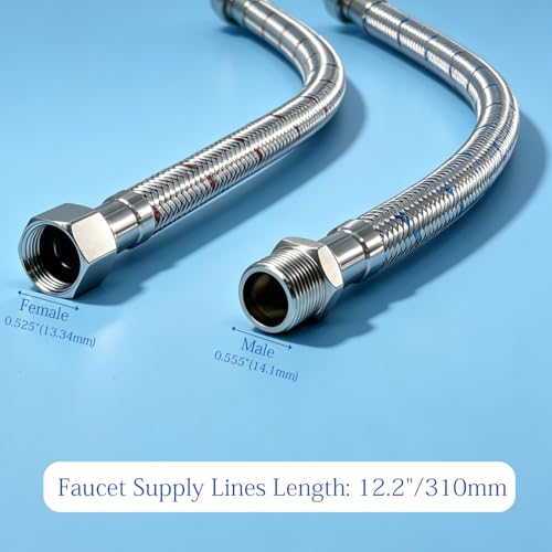 12 Inch Faucet Supply Lines, 3/8 OD Comp (Male) x 3/8 Comp (Female) Connector Braided Stainless Steel Extension Hoses for Bathroom Kitchen Sink（1 Pair）