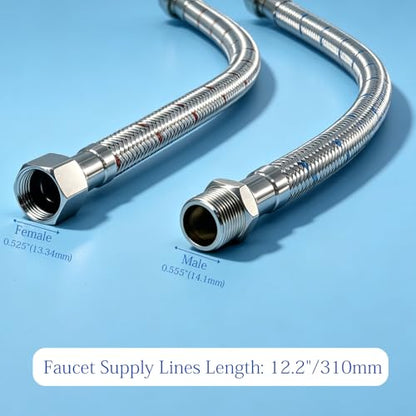 12 Inch Faucet Supply Lines, 3/8 OD Comp (Male) x 3/8 Comp (Female) Connector Braided Stainless Steel Extension Hoses for Bathroom Kitchen Sink（1 Pair）
