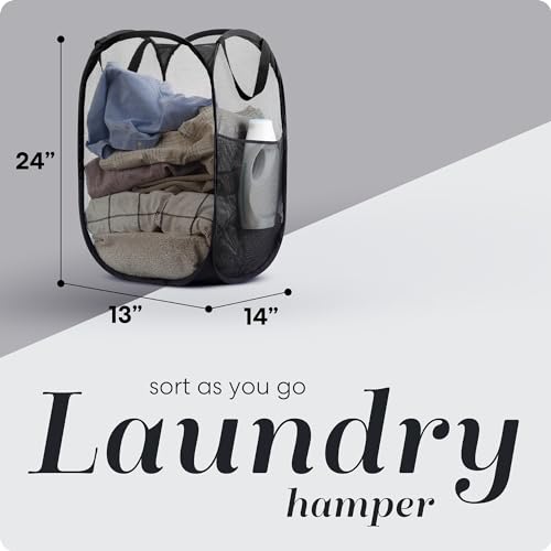 Handy Laundry Collapsible Mesh Pop Up Hamper with Wide Opening and Side Pocket - Breathable, Sturdy, Foldable, and Space-Saving Design for Clothes and Storage (Black) - color: Black