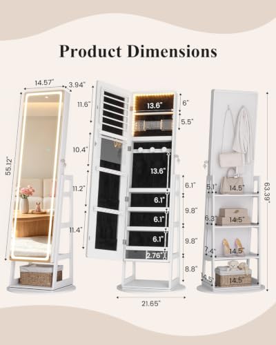 Standing Jewelry Cabinet Mirror with Adjustable LED Light White | 63" Lockable Jewelry Armoire Organizer with 4 Rear Shelves & Hooks, 360° Swivel, for Bedroom, Living Room, Women Girls Gift - color: White 1