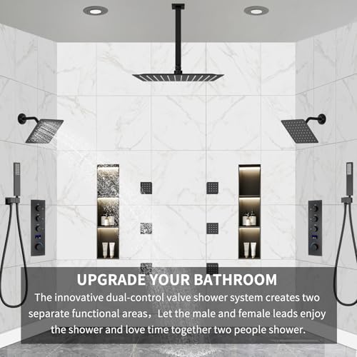 Dual Shower Mixer 6 Way Full Body Shower Head System Rain 12+8+8 Inch With Wall Mount 6 Pcs Jets 2 Handheld Shower Diverter Valve Digital Display Fauct Set,Matte black - color: Matte Black