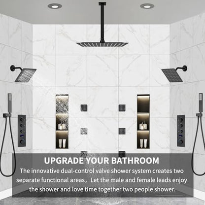 Dual Shower Mixer 6 Way Full Body Shower Head System Rain 12+8+8 Inch With Wall Mount 6 Pcs Jets 2 Handheld Shower Diverter Valve Digital Display Fauct Set,Matte black - color: Matte Black
