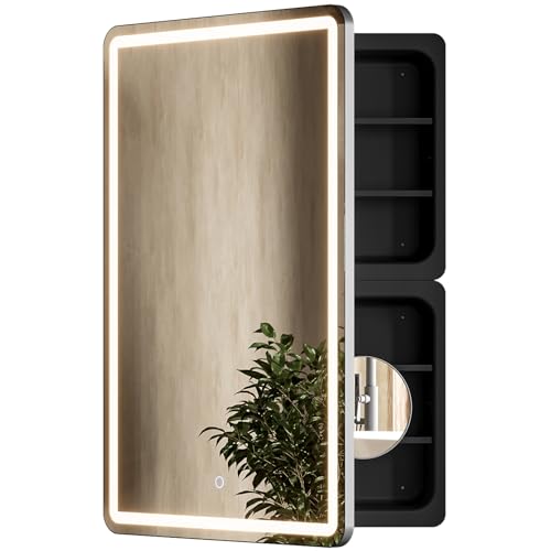24x36 Inch LED Lighted Medicine Cabinet with Mirror for Bathroom, Wall Mounted or Recessed Mirror Cabinet with 3X Magnifying Mirror, Adjustable Storage Shelves, Modern Design - color: Lighted, size: 24" x 36"