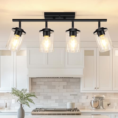 FadimiKoo 4-Lights Track Lighting Fixtures Ceiling with Clear Glass Shades, Modern Black Semi Flush Mount Ceiling Light, Rotatable Wall Mount Ceiling Lamp for Kitchen Hallway Bedroom - color: Black, size: 4-Lights