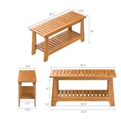 NNN 36" Commercial Heavy Duty Teak Shower Bench, Patented, Non-Slip Stable | with 8 Japan-Made Non-Slip Leveling Feet, Mortise-Tenon Legs 350lb, Pre-Oiled European Teak Oil, Marine-Grade Hardware - size: 36.2"W x 14" Dx 18"H