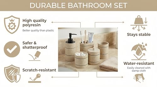 Bathroom Accessory Set, 6 Piece Bathroom Essentials Sets Accessories, Soap Dispenser Set, Toothbrush Holder, Vanity Tray, Tumbler, Cotton Swab Jars, Decor Organizer for Modern Bathrooms(Beige)