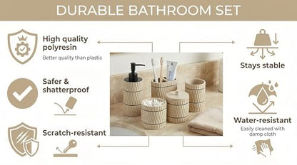 Bathroom Accessory Set, 6 Piece Bathroom Essentials Sets Accessories, Soap Dispenser Set, Toothbrush Holder, Vanity Tray, Tumbler, Cotton Swab Jars, Decor Organizer for Modern Bathrooms(Beige)