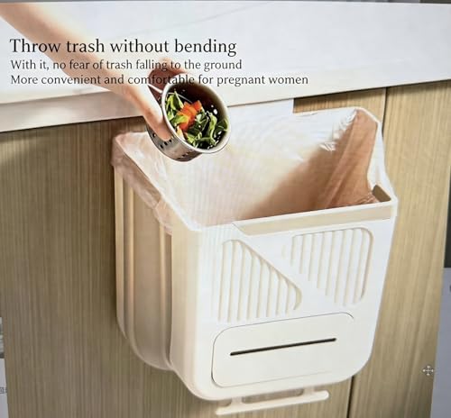 Wall Mounted Collapsible Trash Can, Kitchen Cabinet Door Hanging Waste Bin, Foldable Storage Container, Large Capacity (Milk White, Small)