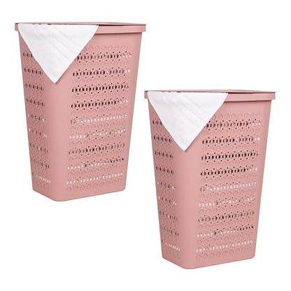 Mind Reader Slim Tapered Laundry Hampers with Lid, Clothes Basket with Swiss Cross Cut-Outs, Lightweight & Ventilated, Plastic, Set of 2, Pink - color: Pink