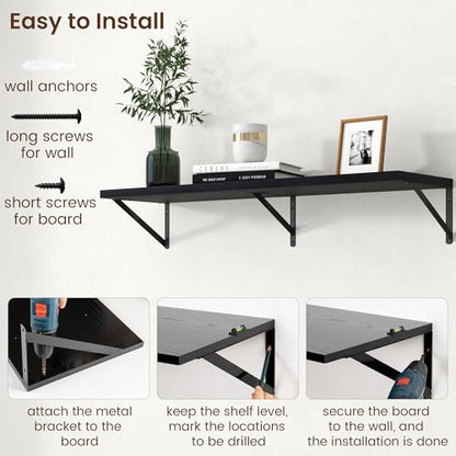 Deep Floating Shelves - 40 Inch Black Floating Shelves Set of 2-12 Inch Deep Wood Wall Shelves for Living Room Bathroom Kitchen - color: Black, size: 40W x 12D
