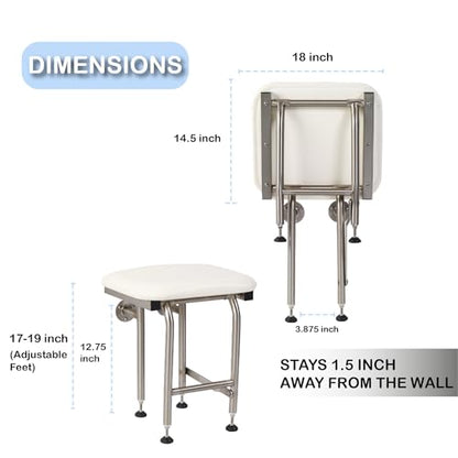 Padded Folding Shower Seat with Legs - Wall Mount Bench for Inside Shower / Bathroom Safety Assist / 304 Stainless Steel / Marine Vinyl / 18" x 16" - size: 18 x 16"