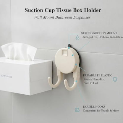 Suction Cup Tissue Box Holder for Bathroom, Wall Mount Dispenser with Double Hooks for Tile & Glass, No Drilling Required (Gray/White) - color: White
