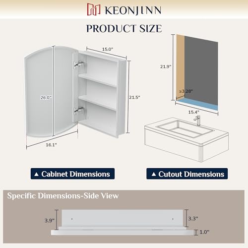 Keonjinn Medicine Cabinet 16 x 26 Inch, Surface Mount or Recessed Cabinets with Mirrors, White Metal Framed Wall Mirror with Storage, 2 Adjustable Shelves, Beveled Edge Frame | Adjustable Shelves, Different Curved Frame Design, Wall Mirror with Storage, S