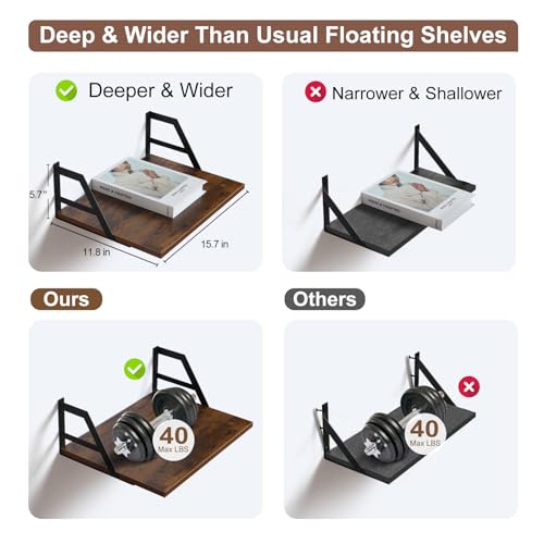 Tectocker-DOU 2 Pc Deep Floating Wall Shelves, Heavy Duty, 15.7×11.8, Brown | Easy Install, All Hardware Included. Holds 40 Lbs. Easy-Clean. For Living Room, Kitchen, Bathroom, Bedroom, Office. - color: Brown, size: 15.7W×11.8D