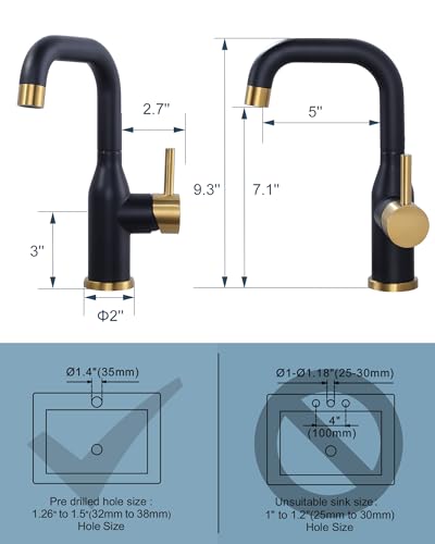 Bar Sink Faucet Single Hole: ARCORA Black and Gold Wet Bar Faucets - Prep Sink Faucet 360 Swivel - Small Kitchen Bathroom Faucet with cUPC Supply Lines - color: Black and Gold