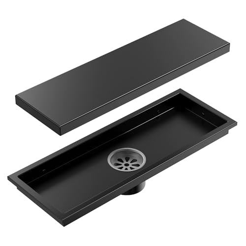 12-Inch Linear Shower Drain, Matte Black SUS304 Stainless Steel with 2-in-1 Tile Insert Cover & Flat Grate, High Flow Floor Drainer with Hair Strainer, Adjustable Feet - color: Matte Black, size: 12