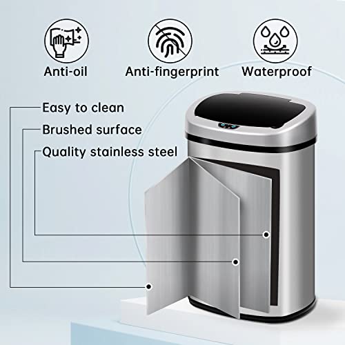 13 Gallon Trash Can Automatic Kitchen Garbage Can Easy-Clean 50L Stainless Steel Brushed Motion Sensor Waterproof with Lid for Bathroom Office (Sliver)