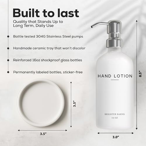 White Glass Lotion Dispenser with Pump Bathroom Set by Brighter Barns - Hand Lotion Dispenser Set with Tray - Modern Bathroom Accessories for Guest House, Hotel, Spa, Restaurant, Airbnb, Gift (White) - color: Silver L