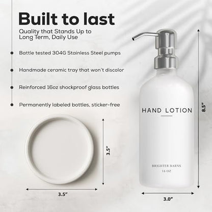 White Glass Lotion Dispenser with Pump Bathroom Set by Brighter Barns - Hand Lotion Dispenser Set with Tray - Modern Bathroom Accessories for Guest House, Hotel, Spa, Restaurant, Airbnb, Gift (White) - color: Silver L