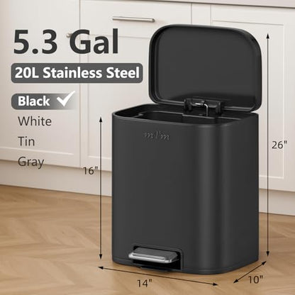 mVm Kitchen Trash Can, 5.3 Gal Trash Can with Lid, Smooth Edge Step Garbage Bin for Home Kitchen Office (Black) - color: Black, size: 5.3Gal