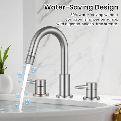 Pull-Down Bathroom Faucet 3 Hole 8 Inch with Pop-Up Drain,Brushed Nickel | 1 - color: Brushed Nickel
