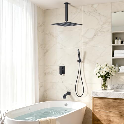 Shower System with Tub Spout, Ceiling Mounted Bathtub Shower Faucet Set, 12" Rainfall Shower Head and Handheld Shower Combo, High Pressure Shower Fixtures Set with Rough-in Valve, Matte Black - color: Matte Black, style: 12" Ceiling Mounted Shower System
