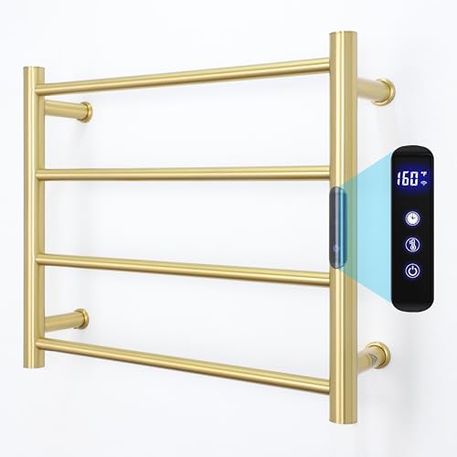 Heated Towel Rack Gold, 4 Bars Towel Warmer Rack for Bathroom Wall Mounted, Timer & Temperature Control Electric Towel Drying Rack (4 Bars Brushed Gold D, Hardwired) - color: 4 Bars Brushed Gold D, size: Hardwired