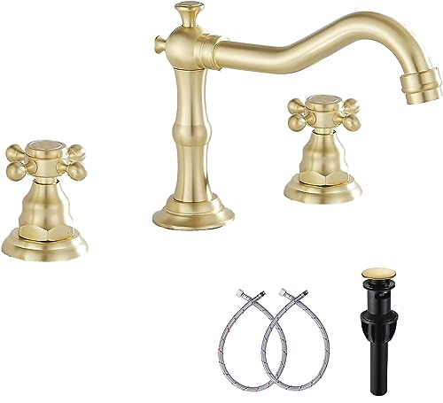 Brushed Gold Bathroom Faucet GGStudy 2 Handles 3 Holes Widespread Bathroom Sink Facuet Farmhouse Washingroom Faucet Mixer Tap - color: Brushed Gold, style: Metal Cover