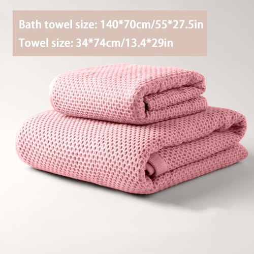 100% Cotton Waffle Weave Bath Towels Sets Soft Quick Dry Lightweight 1 Towel 1 Bath Towel Set,Pink,140 * 70cm - color: Pink
