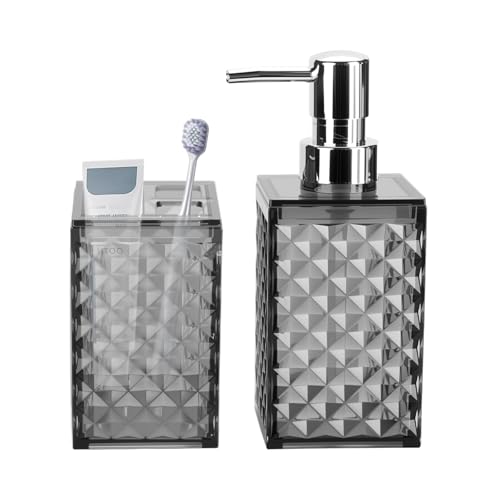 Bathroom Accessories Set 2 PCS, Grey Soap Dispenser and Toothbrush Holder | Diamond Pattern Bathroom Set for Boho Bathroom Decor - color: Grey