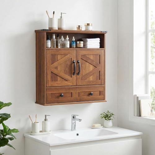 Bathroom Cabinet with Double Barn Doors – Wall Mounted Medicine Cabinet over Toilet with Adjustable Shelf & Drawer, 25" Wide Hangging Storage Cabinet for Bathroom, Kitchen, Laundry, Entryway Brown - color: Brown