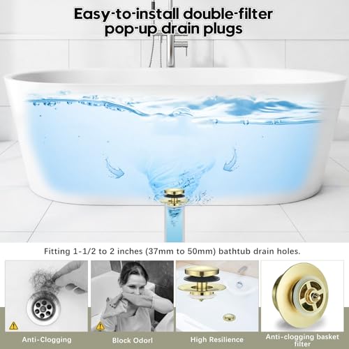 Universal Bathtub Stopper, Pop Up Bath Tub Drain Stoppers, EZ Install Bathtub Drain Replacement Trim Kit, Replaces Lift and Turn, Tip-Toe and Trip Lever Drains for Tub(Brushed Gold) - color: Brushed Gold